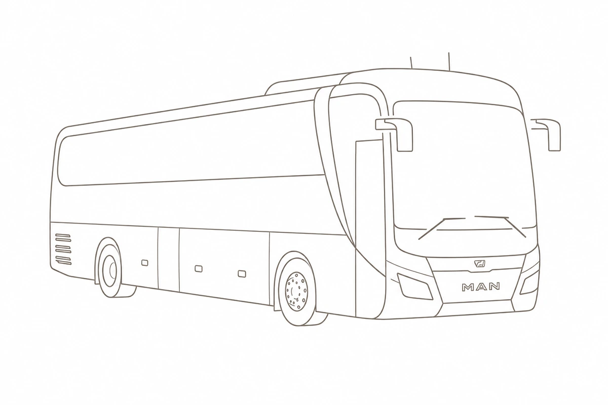 Line drawing of a MAN Lion's Coach at an angle from the front