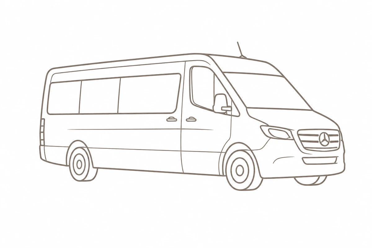 Line drawing of a Mercedes-Benz Sprinter minibus at an angle from the front
