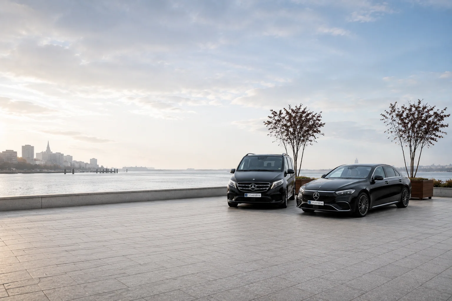 Schwarzer Mercedes-Benz Van und eine schwarze Limousine nebeneinander auf einem Vorplatz