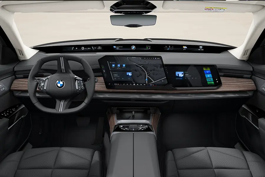 Cockpit of the BMW i7 with a full-width screen and wood inlays