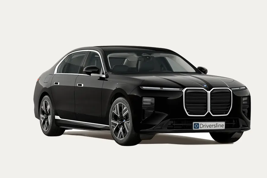 BMW i7 in black, exterior in three-quarter view