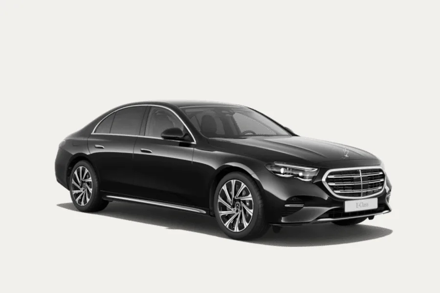 Mercedes-Benz E-Class in black, exterior in three-quarter view