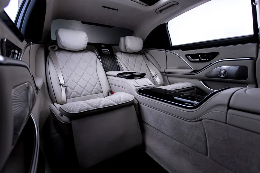 Side view of the light lounge seats in the rear of the Maybach S-Class