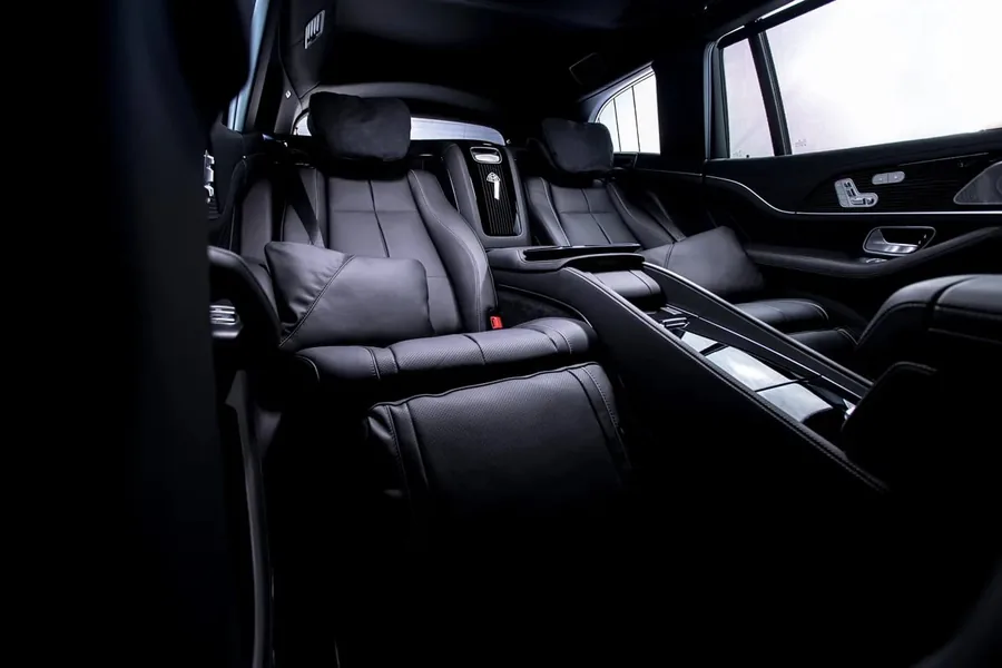 Side view of the black leather seats in the rear of the Mercedes-Maybach GLS