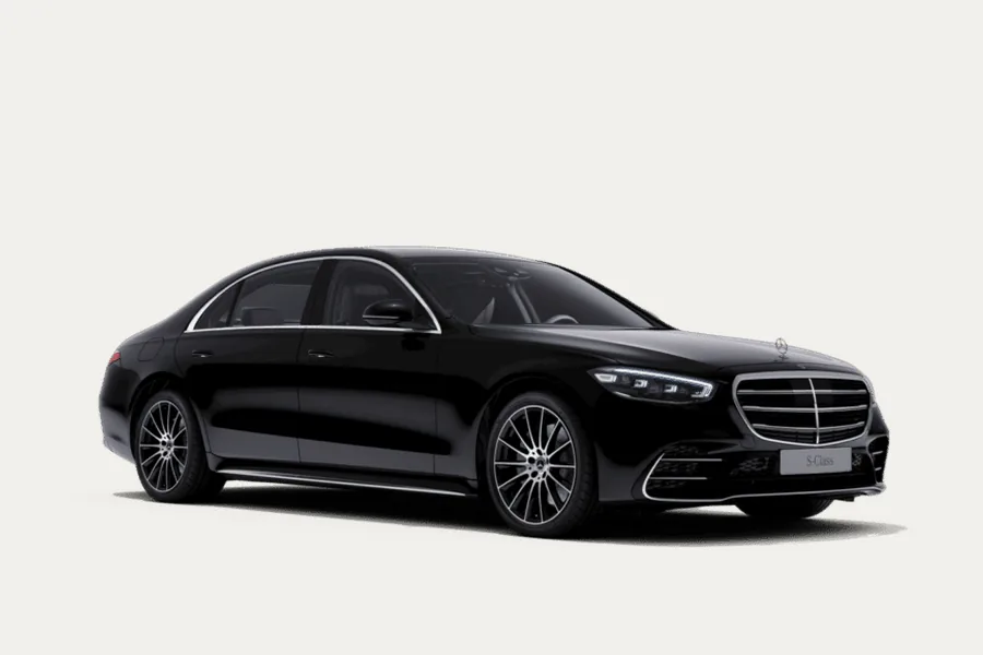 Mercedes-Benz S-Class in black, exterior in three-quarter view