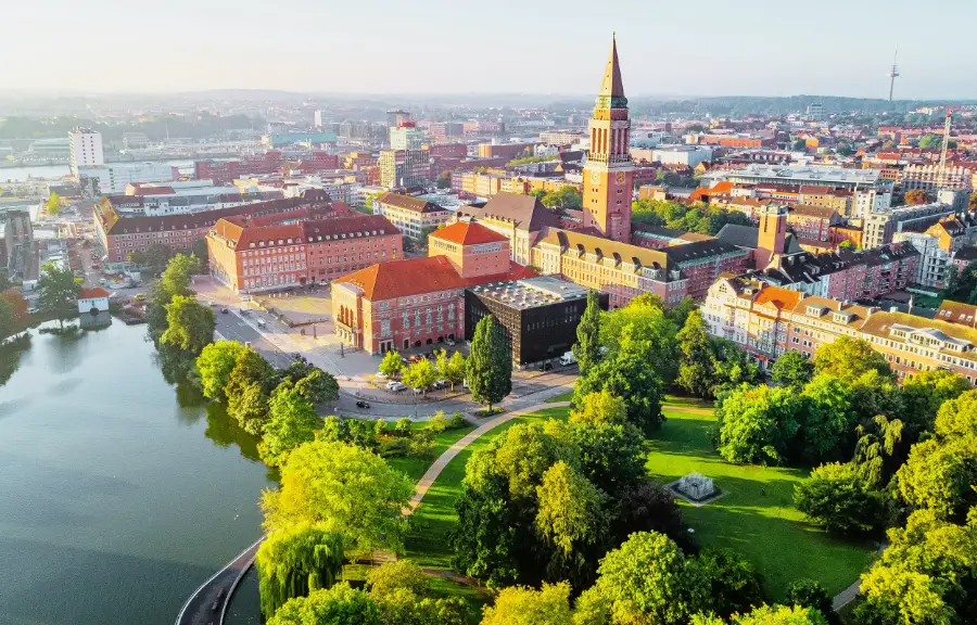 Aerial view of Kiel city centre with the town hall tower and the Kleiner Kiel
