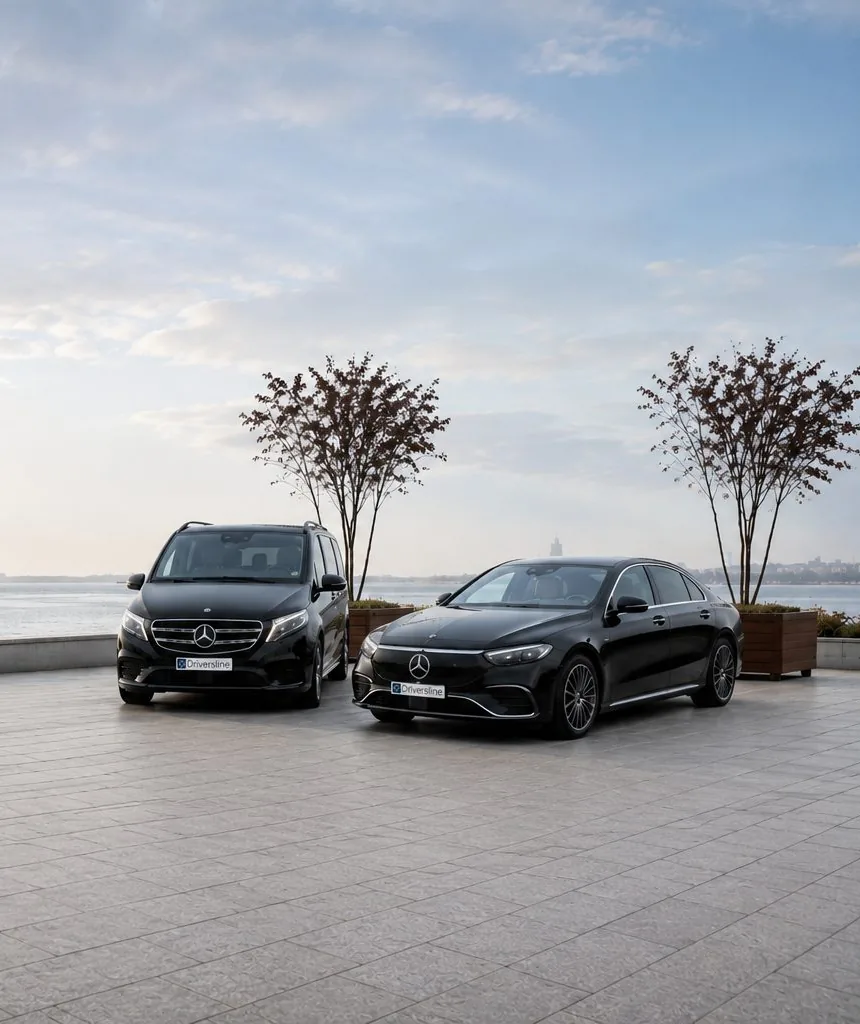 A Mercedes-Benz V-Class and E-Class by the water, from the Driversline fleet
